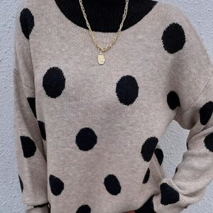 Black and Tan Polka Dot Mockneck Oversized Long Sleeve Pullover Sweater